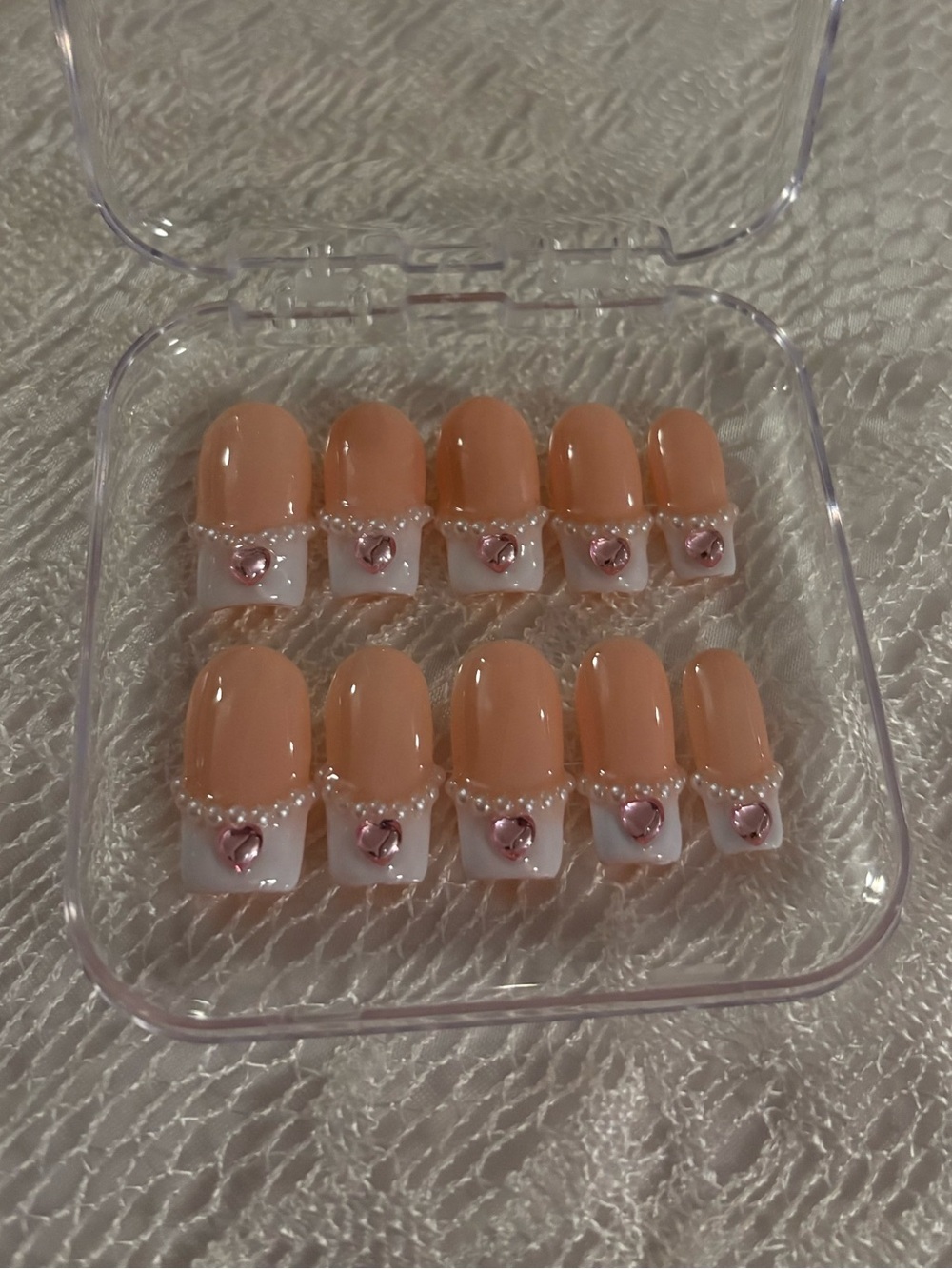 French Tip Press-On Nail Set with Heart and Pearls Accent